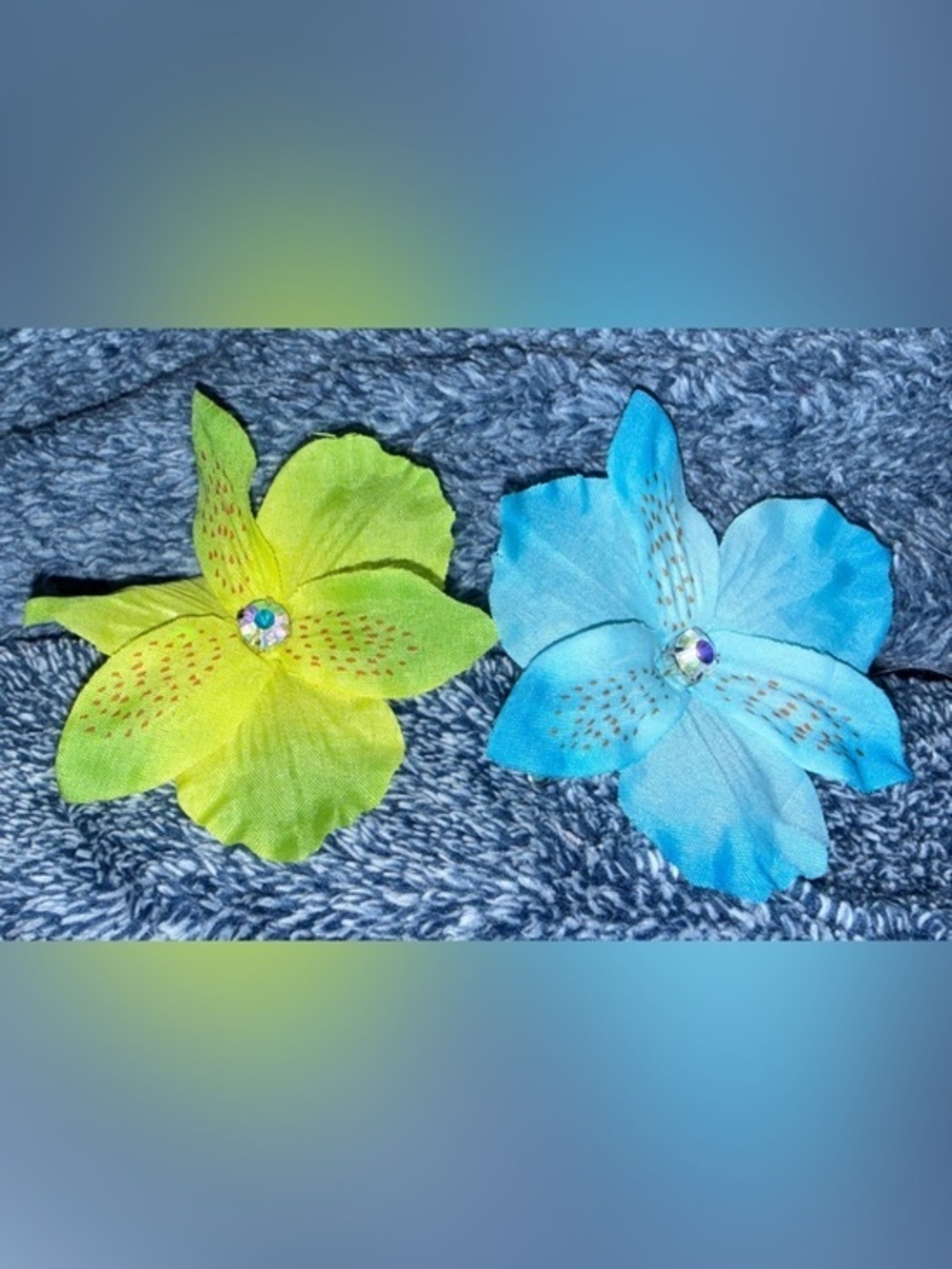 Artificial Flower Hair Clip Set - Blue & Lime